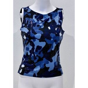 Vintage Y2K A Byer Blue Camo Sequin Tank Top Sz L Grunge Edgy Street Club Party
